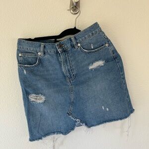 We The Free Blue Distressed Denim Mini Skirt